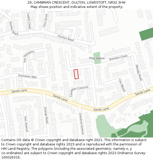 29, CAMBRIAN CRESCENT, OULTON, LOWESTOFT, NR32 3HW: Location map and indicative extent of plot