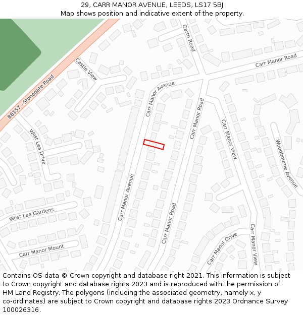 29, CARR MANOR AVENUE, LEEDS, LS17 5BJ: Location map and indicative extent of plot