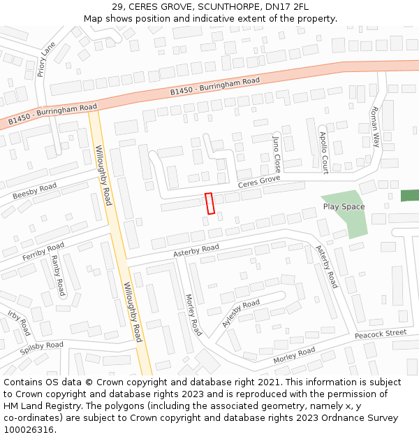 29, CERES GROVE, SCUNTHORPE, DN17 2FL: Location map and indicative extent of plot