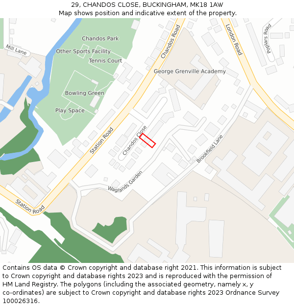 29, CHANDOS CLOSE, BUCKINGHAM, MK18 1AW: Location map and indicative extent of plot