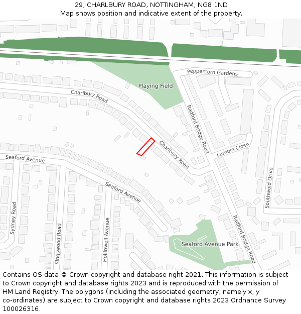 29, CHARLBURY ROAD, NOTTINGHAM, NG8 1ND: Location map and indicative extent of plot
