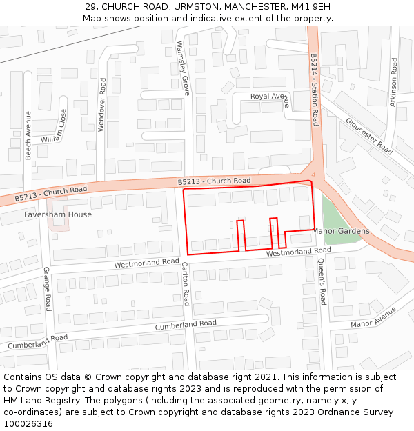 29, CHURCH ROAD, URMSTON, MANCHESTER, M41 9EH: Location map and indicative extent of plot