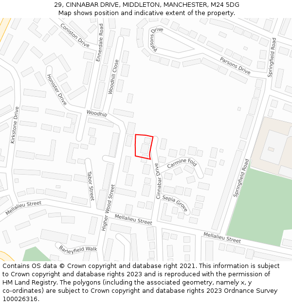 29, CINNABAR DRIVE, MIDDLETON, MANCHESTER, M24 5DG: Location map and indicative extent of plot