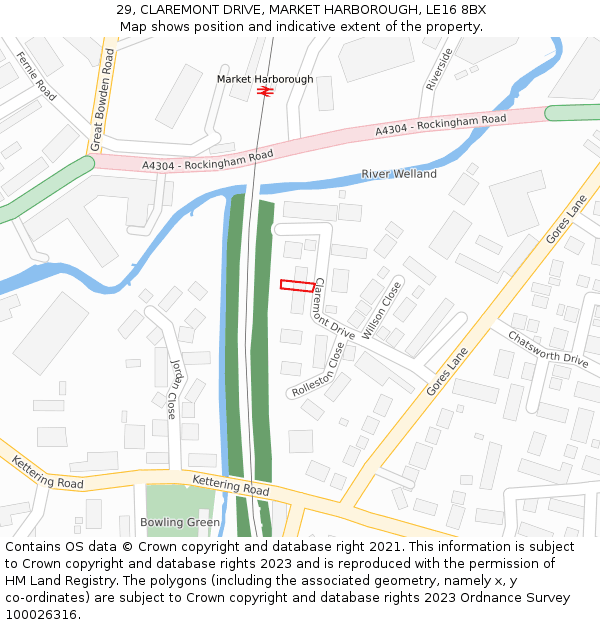 29, CLAREMONT DRIVE, MARKET HARBOROUGH, LE16 8BX: Location map and indicative extent of plot