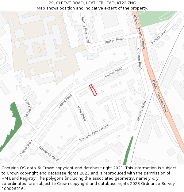 29, CLEEVE ROAD, LEATHERHEAD, KT22 7NG: Location map and indicative extent of plot