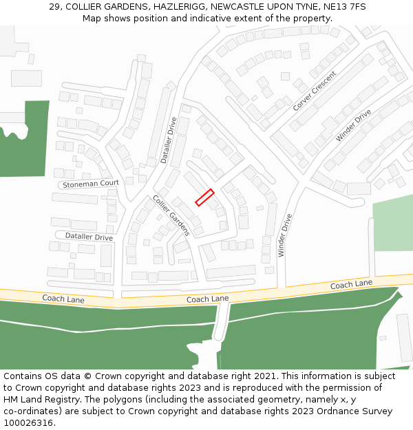 29, COLLIER GARDENS, HAZLERIGG, NEWCASTLE UPON TYNE, NE13 7FS: Location map and indicative extent of plot