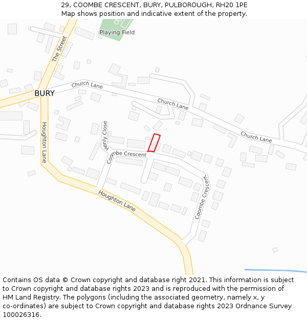 29, COOMBE CRESCENT, BURY, PULBOROUGH, RH20 1PE: Location map and indicative extent of plot