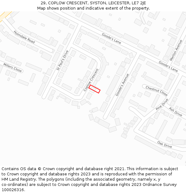 29, COPLOW CRESCENT, SYSTON, LEICESTER, LE7 2JE: Location map and indicative extent of plot