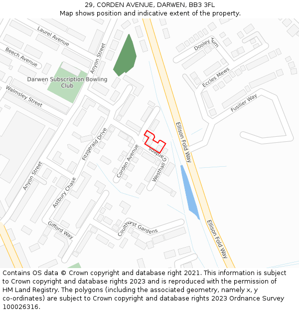 29, CORDEN AVENUE, DARWEN, BB3 3FL: Location map and indicative extent of plot