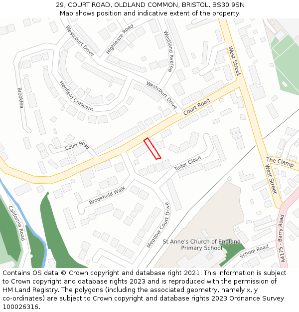 29, COURT ROAD, OLDLAND COMMON, BRISTOL, BS30 9SN: Location map and indicative extent of plot