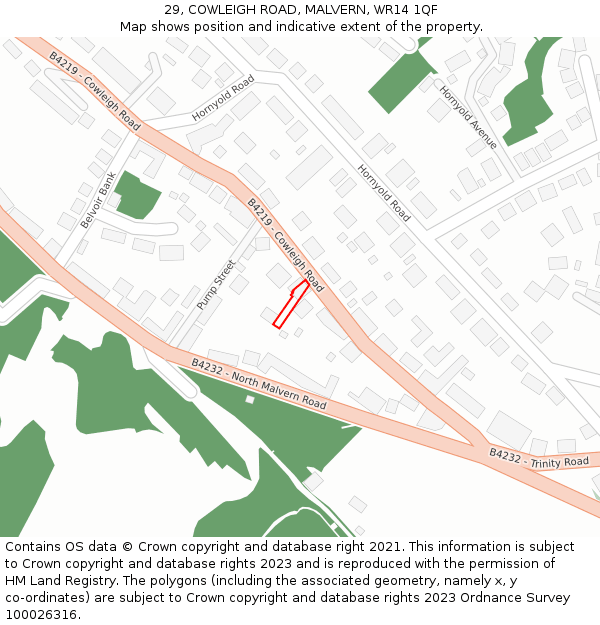 29, COWLEIGH ROAD, MALVERN, WR14 1QF: Location map and indicative extent of plot