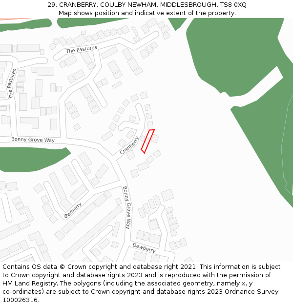 29, CRANBERRY, COULBY NEWHAM, MIDDLESBROUGH, TS8 0XQ: Location map and indicative extent of plot