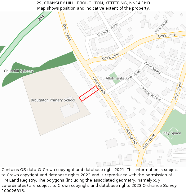 29, CRANSLEY HILL, BROUGHTON, KETTERING, NN14 1NB: Location map and indicative extent of plot
