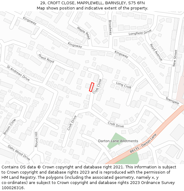 29, CROFT CLOSE, MAPPLEWELL, BARNSLEY, S75 6FN: Location map and indicative extent of plot