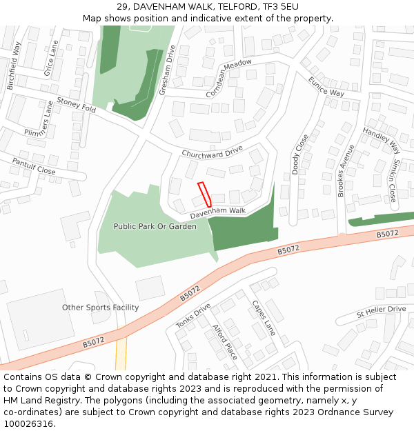 29, DAVENHAM WALK, TELFORD, TF3 5EU: Location map and indicative extent of plot