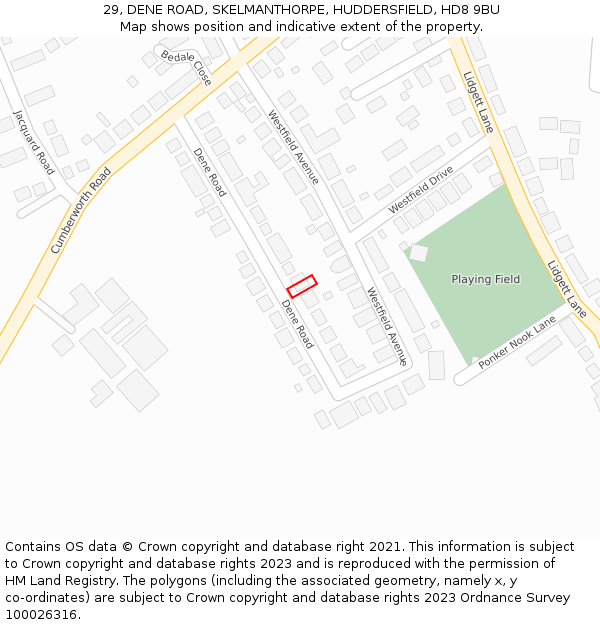 29, DENE ROAD, SKELMANTHORPE, HUDDERSFIELD, HD8 9BU: Location map and indicative extent of plot