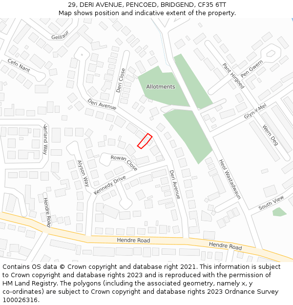 29, DERI AVENUE, PENCOED, BRIDGEND, CF35 6TT: Location map and indicative extent of plot