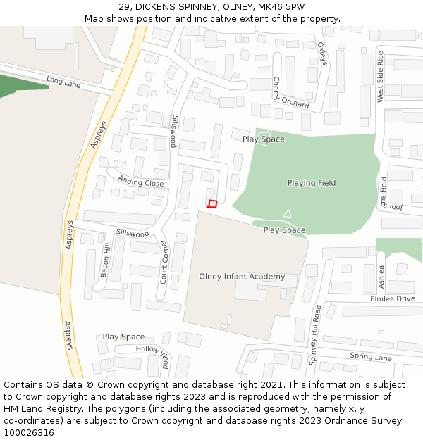 29, DICKENS SPINNEY, OLNEY, MK46 5PW: Location map and indicative extent of plot