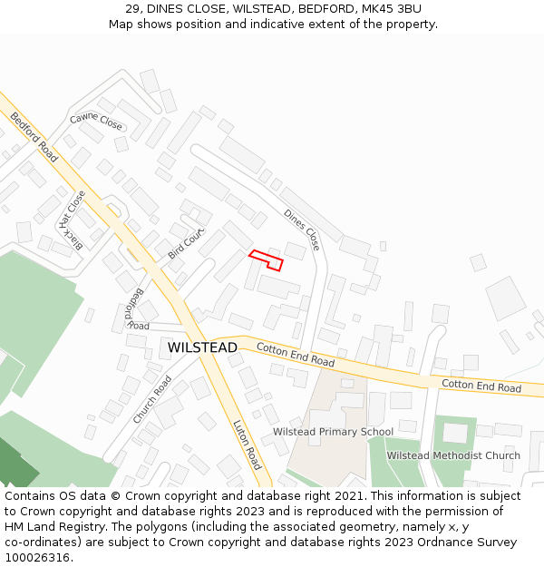 29, DINES CLOSE, WILSTEAD, BEDFORD, MK45 3BU: Location map and indicative extent of plot