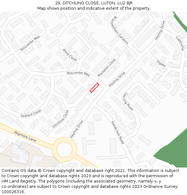29, DITCHLING CLOSE, LUTON, LU2 8JR: Location map and indicative extent of plot