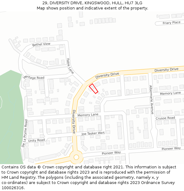 29, DIVERSITY DRIVE, KINGSWOOD, HULL, HU7 3LG: Location map and indicative extent of plot