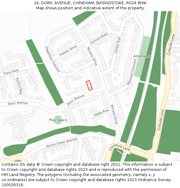 29, DORIC AVENUE, CHINEHAM, BASINGSTOKE, RG24 8NW: Location map and indicative extent of plot