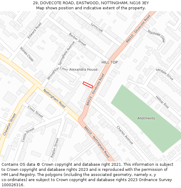 29, DOVECOTE ROAD, EASTWOOD, NOTTINGHAM, NG16 3EY: Location map and indicative extent of plot