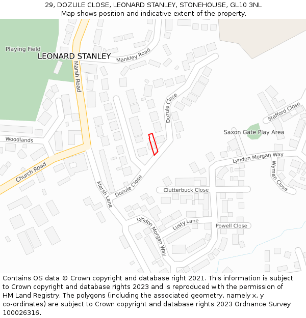 29, DOZULE CLOSE, LEONARD STANLEY, STONEHOUSE, GL10 3NL: Location map and indicative extent of plot