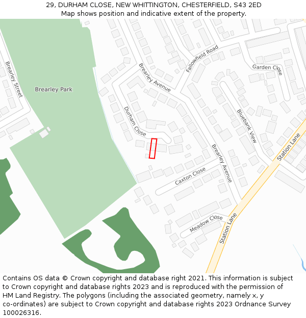 29, DURHAM CLOSE, NEW WHITTINGTON, CHESTERFIELD, S43 2ED: Location map and indicative extent of plot
