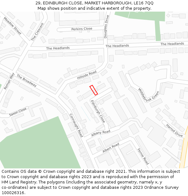 29, EDINBURGH CLOSE, MARKET HARBOROUGH, LE16 7QQ: Location map and indicative extent of plot