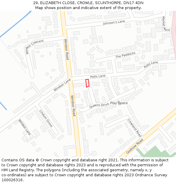 29, ELIZABETH CLOSE, CROWLE, SCUNTHORPE, DN17 4DN: Location map and indicative extent of plot