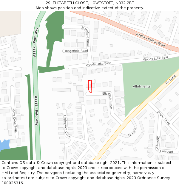 29, ELIZABETH CLOSE, LOWESTOFT, NR32 2RE: Location map and indicative extent of plot