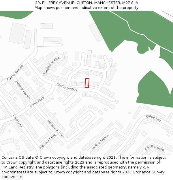 29, ELLERBY AVENUE, CLIFTON, MANCHESTER, M27 8LA: Location map and indicative extent of plot