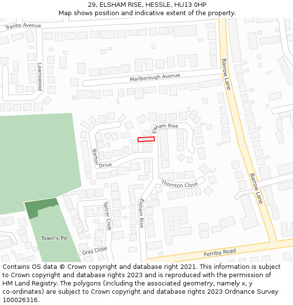 29, ELSHAM RISE, HESSLE, HU13 0HP: Location map and indicative extent of plot
