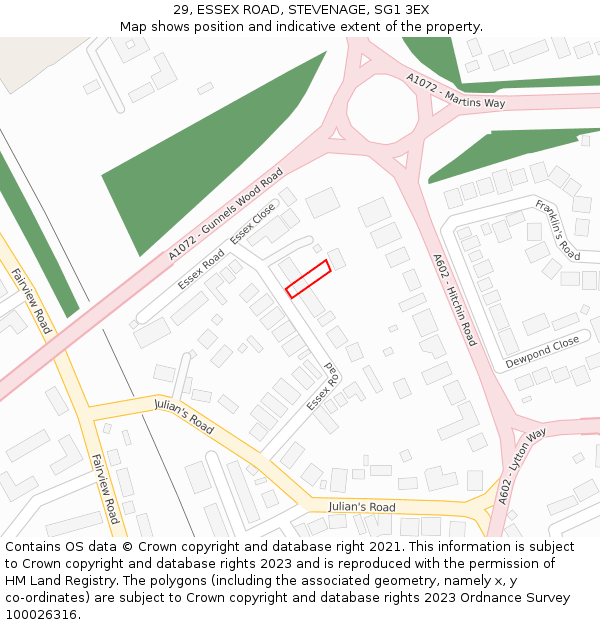 29, ESSEX ROAD, STEVENAGE, SG1 3EX: Location map and indicative extent of plot