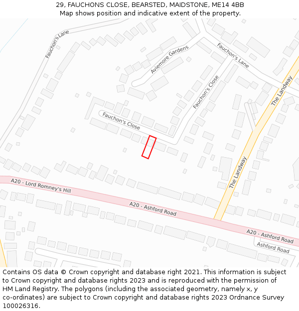 29, FAUCHONS CLOSE, BEARSTED, MAIDSTONE, ME14 4BB: Location map and indicative extent of plot