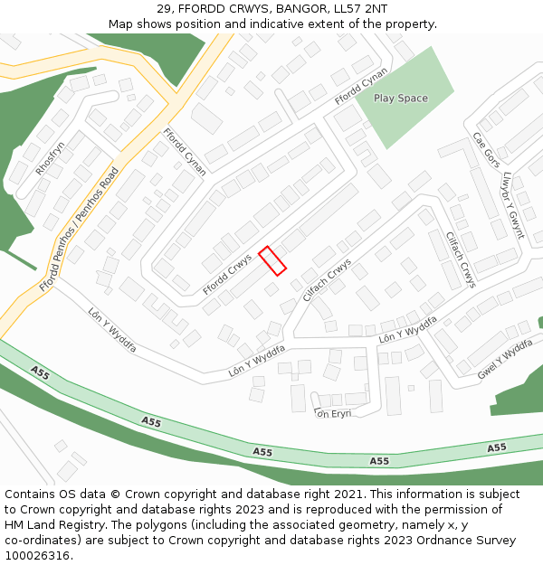 29, FFORDD CRWYS, BANGOR, LL57 2NT: Location map and indicative extent of plot