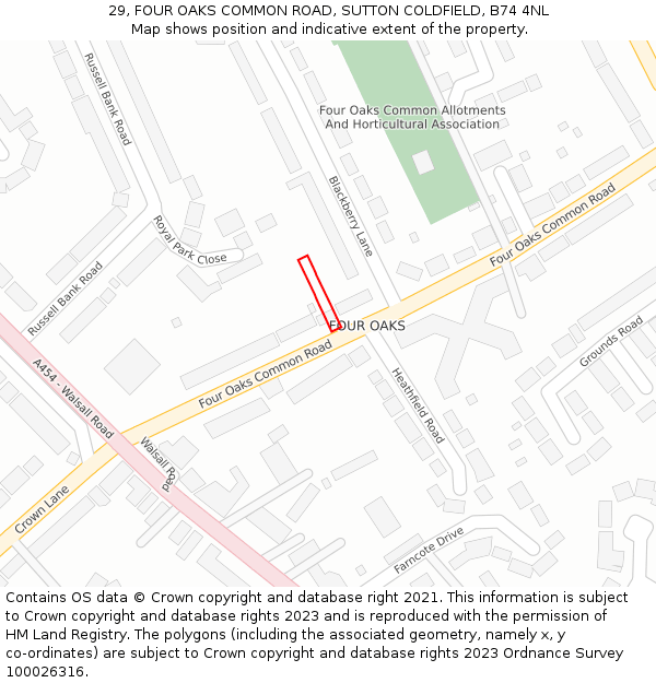 29, FOUR OAKS COMMON ROAD, SUTTON COLDFIELD, B74 4NL: Location map and indicative extent of plot