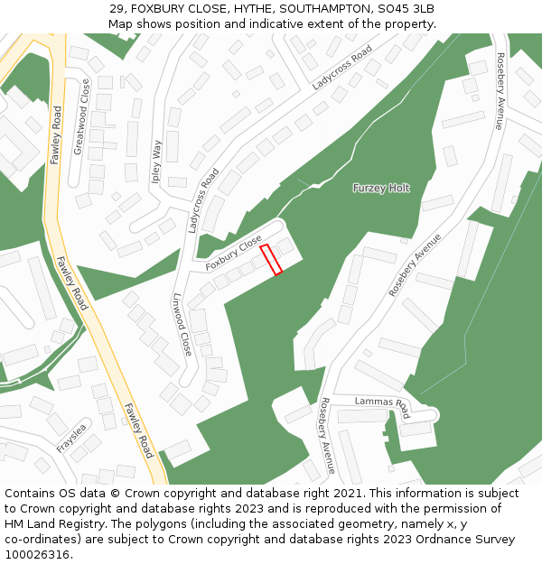 29, FOXBURY CLOSE, HYTHE, SOUTHAMPTON, SO45 3LB: Location map and indicative extent of plot