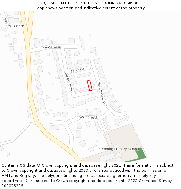 29, GARDEN FIELDS, STEBBING, DUNMOW, CM6 3RG: Location map and indicative extent of plot