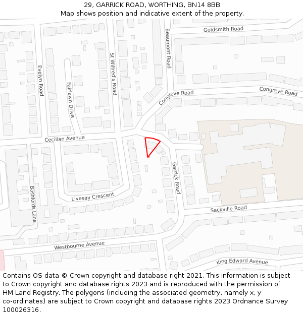 29, GARRICK ROAD, WORTHING, BN14 8BB: Location map and indicative extent of plot