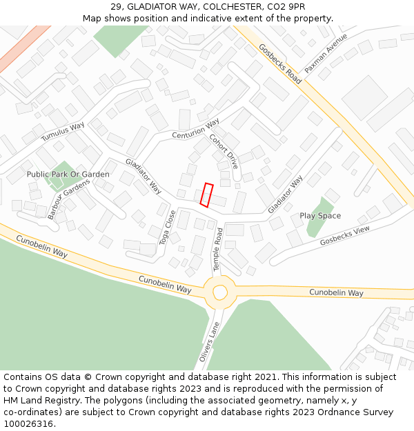29, GLADIATOR WAY, COLCHESTER, CO2 9PR: Location map and indicative extent of plot
