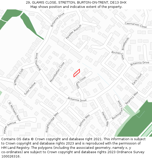29, GLAMIS CLOSE, STRETTON, BURTON-ON-TRENT, DE13 0HX: Location map and indicative extent of plot