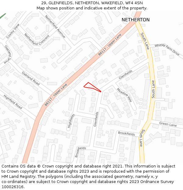 29, GLENFIELDS, NETHERTON, WAKEFIELD, WF4 4SN: Location map and indicative extent of plot