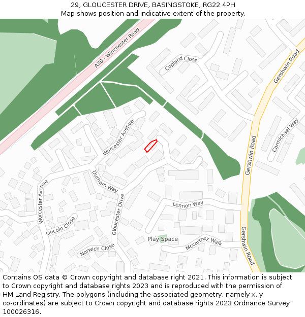 29, GLOUCESTER DRIVE, BASINGSTOKE, RG22 4PH: Location map and indicative extent of plot