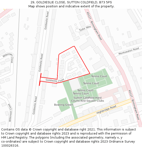 29, GOLDIESLIE CLOSE, SUTTON COLDFIELD, B73 5PS: Location map and indicative extent of plot