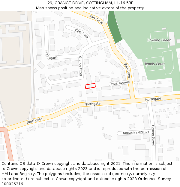 29, GRANGE DRIVE, COTTINGHAM, HU16 5RE: Location map and indicative extent of plot