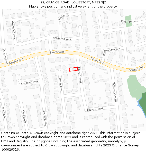 29, GRANGE ROAD, LOWESTOFT, NR32 3JD: Location map and indicative extent of plot