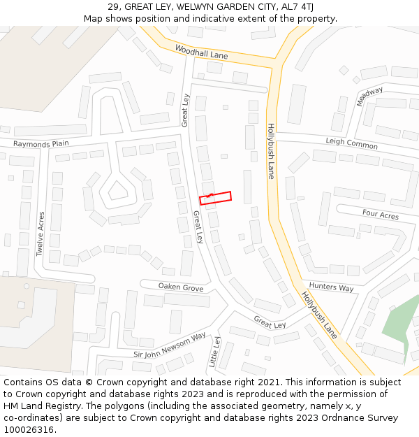 29, GREAT LEY, WELWYN GARDEN CITY, AL7 4TJ: Location map and indicative extent of plot