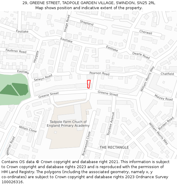 29, GREENE STREET, TADPOLE GARDEN VILLAGE, SWINDON, SN25 2RL: Location map and indicative extent of plot
